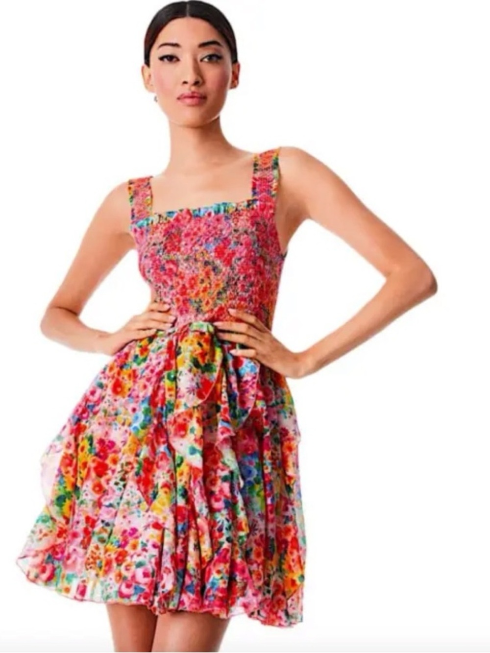 Alice + Olivia Jocelyn Smocked Mini Dress in a Vibrant Floral Print - Size 8
